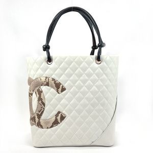 Chanel Tote Bag Cambon Line Medium Lambskin Python Leather Logo White